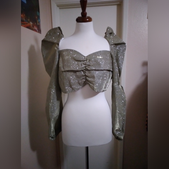 SALE$ NWT Missguided Gold Glitter Puff Sleeve Ruched Front Crop Top- US 12 - Picture 7 of 7